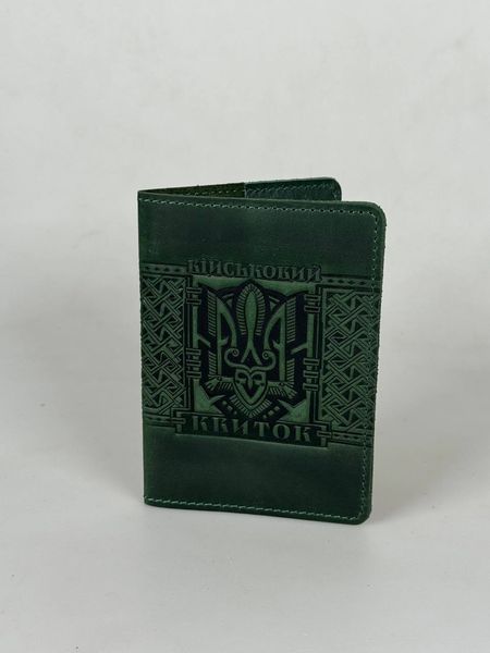 Обкладинка для військового квитка з тисненим орнаментом "Тризуб", натуральна шкіра, оливкового кольору, 13х9 см lod-302 [2olive] фото